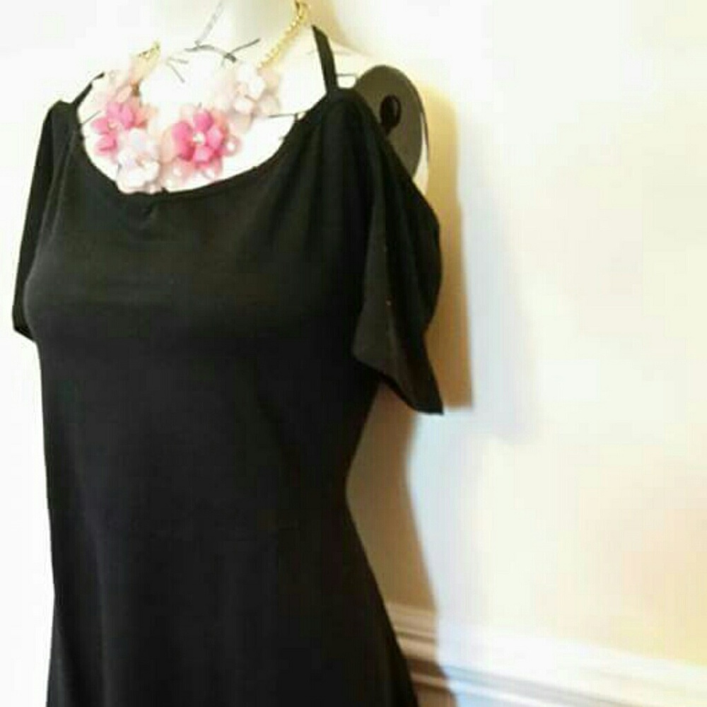 Black peep shoulders high/low dress